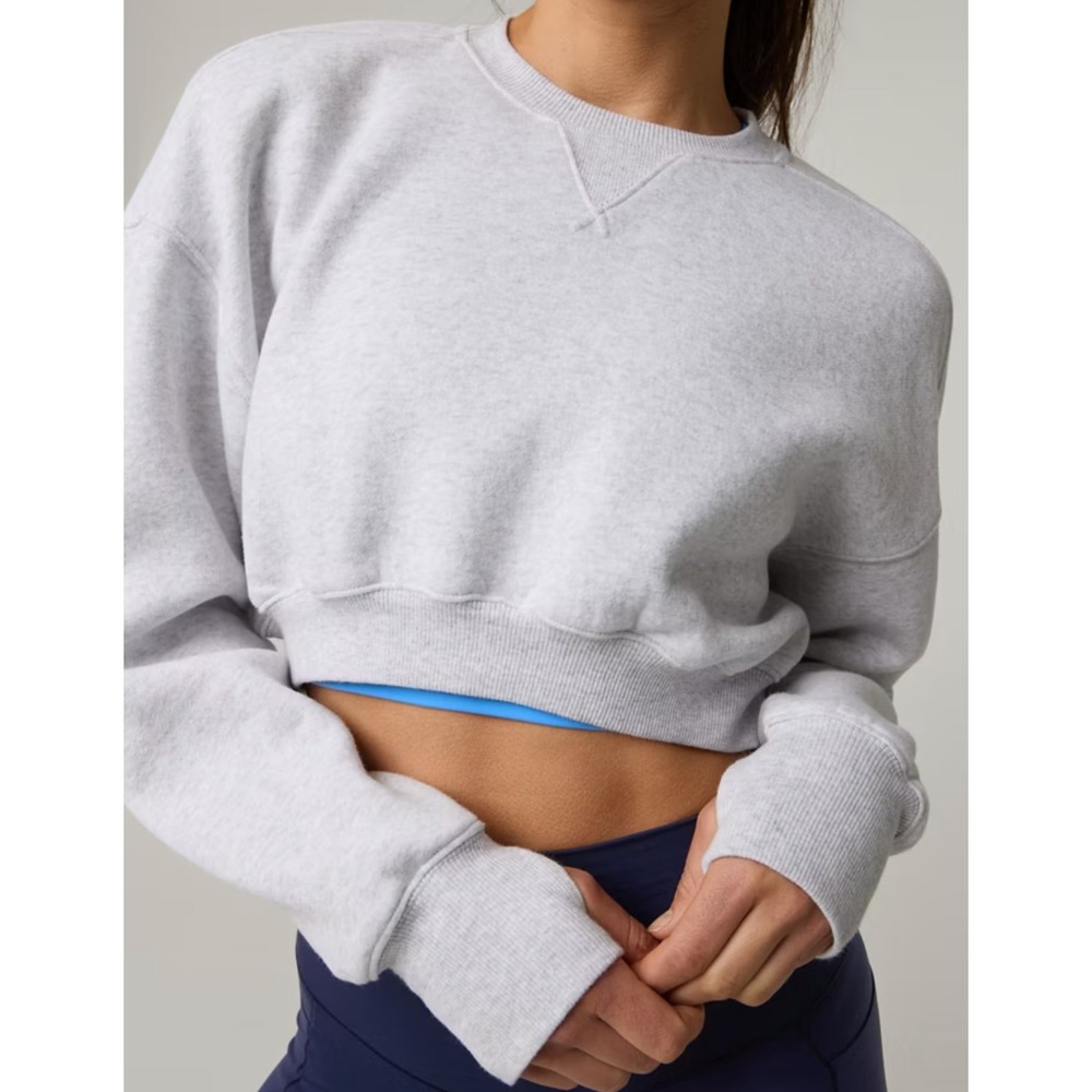 Offline by Aerie Cloud Fleece Cropped Crewneck Sweatshirt Gray Thumb Hole Large